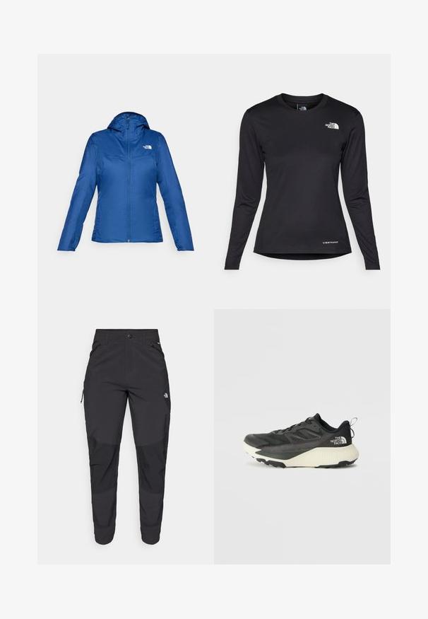 Corta-vento leve azul com capuz, fecho éclair na frente e logótipo no peito. Apresenta mangas longas e uma textura lisa e brilhante.; The North Face SHADOW LONG SLEEVE - Camisola de manga comprida - black; Calças pretas para exterior feitas de um tecido resistente. Apresentam bolsos com fecho, painéis de joelhos reforçados e um design de corte reto para maior mobilidade.; Shoe atlético preto com um cabedal texturizado, apresentando detalhes em cinza e uma entressola branca. Inclui uma alça e um logótipo da marca em destaque no calcanhar.
