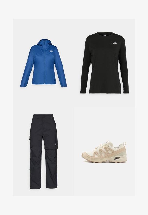 Mėlyna lengva striukė su kapu, užtrauktuku priekyje ir logotipu krūtinėje. Turi ilgus rankovius ir glotnią, blizgią tekstūrą.; Juodas ilgomis rankovėmis medvilninis marškinėliai su apvali apykakle. Savybė - mažas baltas logotipas kairėje krūtinės pusėje. Paprastas dizainas ir pritaikymas.; Juodos nailoninės krovinių kelnės su reguliuojamais rankovėmis, daugybe kišenių ir logo ant dešinės kojos. Lygi, lengva tekstūra.; Bežinės ir kreminės spalvos sportinės bateliai su tekstūruoto tinklelio viršutine dalimi, palaikančiomis detalėmis ir guminiais padais, turinčiais raštą, užtikrinantį sukibimą.