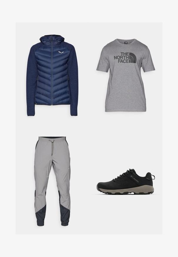 Salewa FANES SARNER - Doudoune - navy blazer; T-shirt gris à manches courtes en mélange de coton, avec un imprimé graphique noir "THE NORTH FACE" et un détail de logo incurvé sur le devant.; Pantalons de sport légers, gris, avec des accents noirs. Ceinture élastique, fermeture à cordon, design à jambes fuselées et poches latérales.; Chaussure de randonnée noire avec une tige lisse, un design perforé, une semelle extérieure grise et un talon renforcé. Comprend des lacets et une languette pour un enfilage facile.
