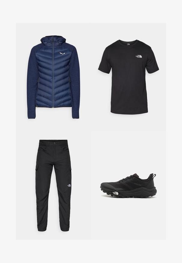 Salewa FANES SARNER  - Pūkinė striukė - navy blazer; Juodas trumpas rankovės marškinėliai, pagaminti iš medvilnės, su apvaliu kaklu ir mažu baltu logotipu viršutiniame kairiajame krūtinės kampe.; The North Face HORIZON PANT - Lauko kelnės - black; Juoda bėgimo batai su tekstūruotu paviršiumi, guma padais ir sustiprinta pirštų dalimi. Yra paminkštinta apykaklė ir kilpos, leidžiančios lengvai užsidėti.