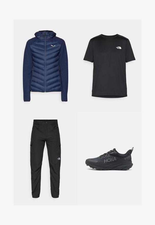 Salewa FANES SARNER - Dunjakker - navy blazer; Sort t-shirt med korte ærmer lavet af letvægtsstof. Har et lille hvidt logo på venstre bryst og diskrete skuldrelementer.; The North Face HORIZON PANT - Outdoorbukser - black; Sort Hoka løbesko med mesh-overdel, teksturerede detaljer og en tyk, polstret sål med skrånende kanter for forbedret støtte.