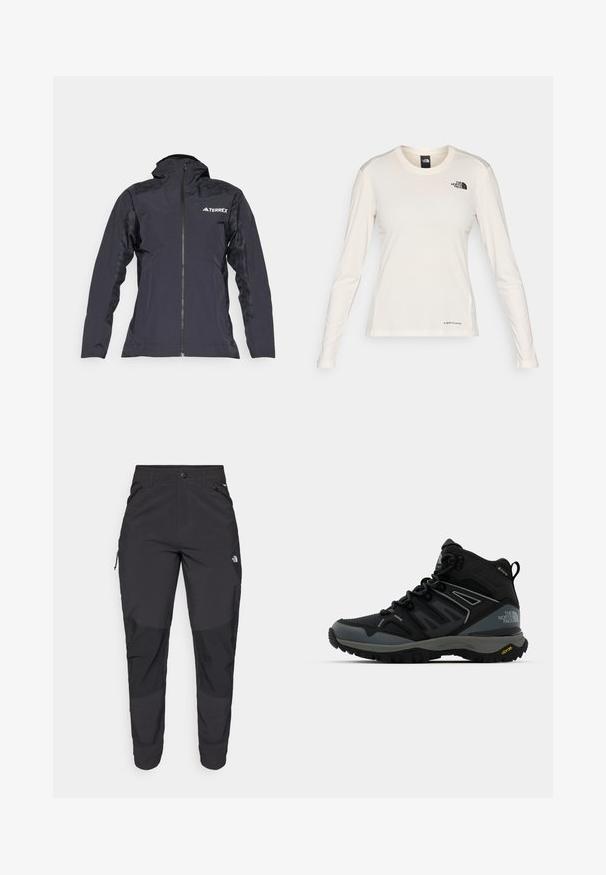 Melnā ūdensnecaurlaidīgā jaka ar rāvējslēdzēju priekšpusē, teksturētām plecu daļām un elpojošiem sānu paneļiem. Iekļauta logo uz krūtīm un kapuces.; The North Face SHADOW LONG SLEEVE - Tops ar garām piedurknēm - white dune; Melnas āra bikses, kas izgatavotas no izturīgas auduma. Tām ir kabatas ar rāvējslēdzējiem, pastiprināti ceļu paneļi un taisna griezuma dizains, kas nodrošina kustību brīvību.; Pusstīgu augstuma pārgājienu zābaki melnā un pelēkā krāsā. Iezīmes: teksturēts augšdaļa, pastiprināta purngala daļa un Vibram zole labākai vilcei. Viegls dizains.