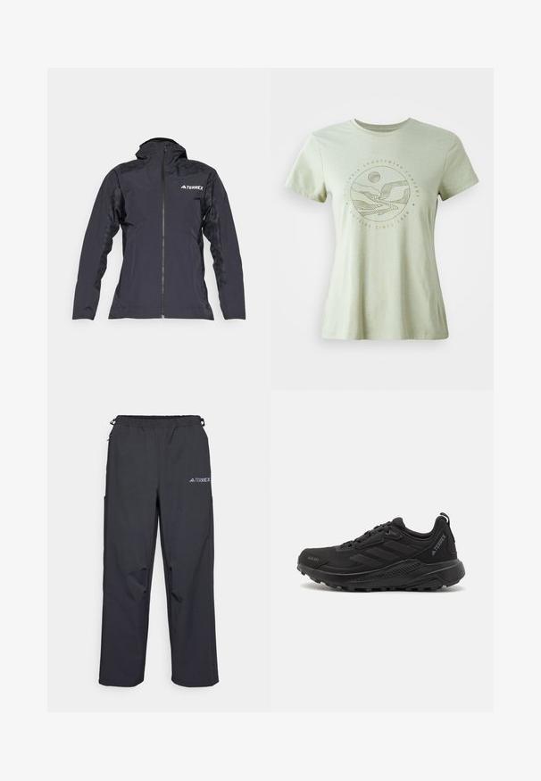 Fekete vízálló dzseki, elülső cipzárral, textúrázott vállakkal és légáteresztő oldalsó panelek. A mellkason és a kapucnin található logóval rendelkezik.; Világos zöld, rövid ujjú póló, világosbézs kör alakú grafikával, amely hegyeket, folyót és napot ábrázol. Puha anyag, kerek nyakkivágással.; Fekete, könnyű kültéri nadrág, rugalmas derékrésszel, oldalzsebekkel és logóval a jobb oldali comb felső részén. Simal, vízlepergető szövet.; Fekete sportcipő, textúrált szintetikus felsőrésszel, fűzőzárral, vastag gumitalppal és diszkrét logókkal az oldalon és a sarkon.