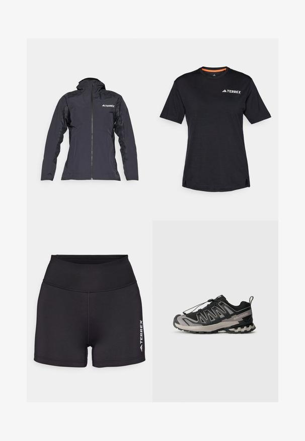 Fekete vízálló dzseki, elülső cipzárral, textúrázott vállakkal és légáteresztő oldalsó panelek. A mellkason és a kapucnin található logóval rendelkezik.; Fekete, rövid ujjú póló kerek nyakkivágással, finom melírozott textúrával, a bal felső sarokban fehér "TERREX" logóval.; Fekete sportnadrág sima, nyújtható anyagból, magas derékkal. A jobb alsó sarokban fehér "TERREX" logó található.; Fekete és szürke sportcipő hálós felsővel, gumitalppal és elasztikus fűzőrendszerrel. Erősített orra és textúrázott részletei vannak.