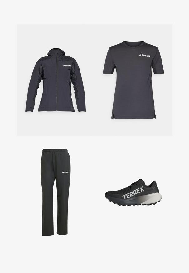 Veste imperméable noire avec fermeture éclair à l'avant, épaules texturées et panneaux latéraux respirants. Comprend un logo sur la poitrine et la capuche.; Chemise à manches courtes gris foncé en matériau léger, dotée d'un col rond et d'un logo TERREX blanc sur la poitrine.; Pantalons légers noirs avec une taille élastique. Présente un logo "TERREX" subtil en blanc. Tissu lisse et design à jambes droites.; Chaussure de course noire avec une tige texturée, logo "TERREX" bien visible en blanc, design de semelle effilée et un accent dégradé gris au niveau du talon.