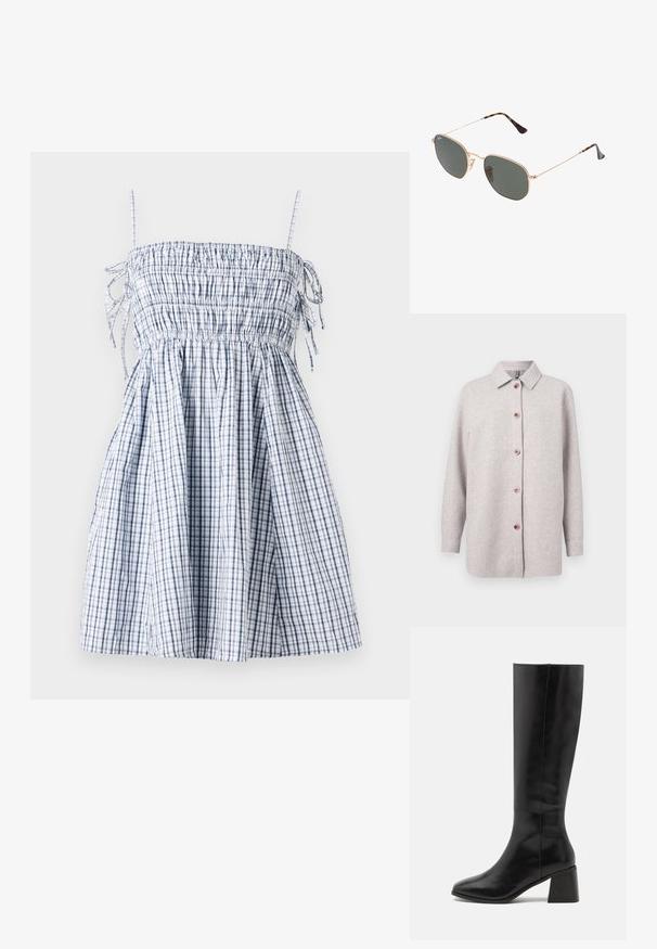 Világosszürke polár pulóverdzseki álló gallérral, rózsaszín gombokkal az elején, és hosszú ujjakkal. Puha tapintású, laza szabású.; Kék és fehér kockás ruha, smockolt felsőrésszel, vékony pántokkal és fodros szoknyával, könnyű anyagból készült. Fűzős részletekkel rendelkezik.; ONLY SHOES ONLBIJOU KNEE HIGH BOOT - Csizmák - black; Arany fémkeretes napszemüveg sötétzöld lencsékkel, pilóta stílusban, vékony karokkal és teknősbékás díszítéssel a végeken.