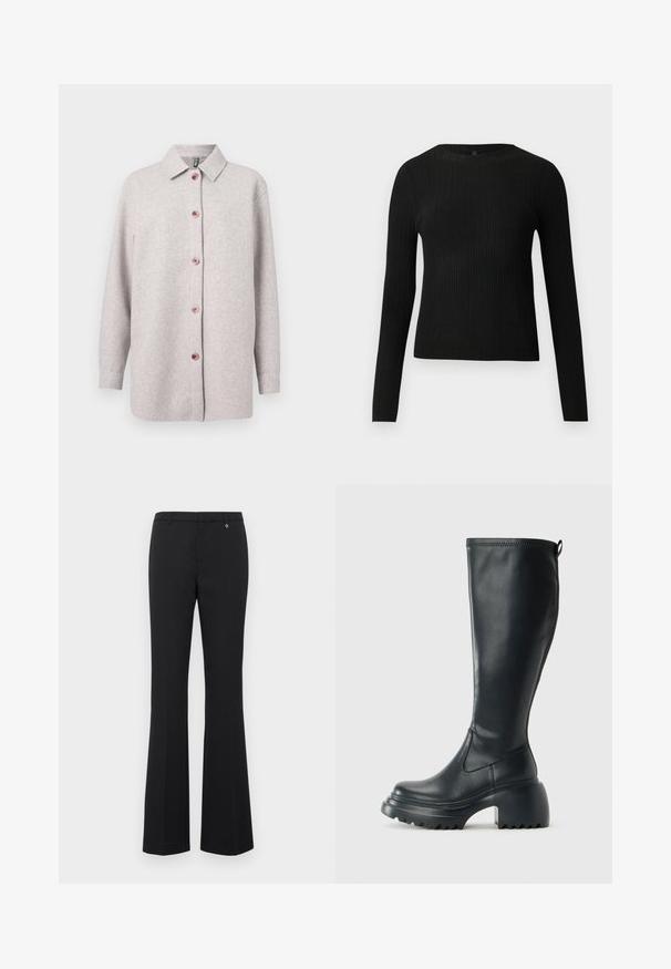 Gai pelēks flīsa krekls-jaka ar apkakles kakla izgriezumu, rozā pogām priekšpusē un garām piedurknēm. Mīksta tekstūra, brīvs piegriezums.; Melna, ribota, garām piedurknēm pieguļoša džemperis ar apaļu kakla izgriezumu, izlikta pret vienkāršu gaišu fonu.; Melnas platās bikses izgatavotas no gludas auduma. Vidēja augstuma jostasvieta ar jostu cilpiņām, plakans priekšpuse un neliels zelta akcents pie jostasvietas.; Augstas melnas ādas zābakus ar masīvu platformu un bloka papēdi, ar vilkšanas cilpu un strukturētu profilu uz ārējā zoles.