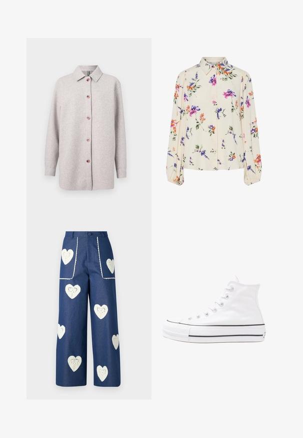Világosszürke polár pulóverdzseki álló gallérral, rózsaszín gombokkal az elején, és hosszú ujjakkal. Puha tapintású, laza szabású.; Virágmintás blúz hosszú puffos ujjakkal, világos krém alapon, lila, narancs és zöld virágmintázattal, klasszikus gallér dizájnnal.; Sister Jane HEART TO HEART - Egyenes szárú farmer - blue denim; Fehér magaskorsó vászon sportcipő fekete gumi talppal, elülső gumi orrnyereggel és hat fűzőlyukkal, letisztult, minimalista dizájnnal.