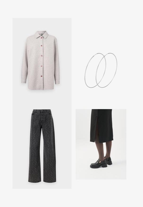 Giacca in pile grigio chiaro con colletto, bottoni rosa sul davanti e maniche lunghe. Tessuto morbido, vestibilità rilassata.; Body nero con maniche lunghe, caratterizzato da un scollo a V in rete e dettagli arricciati sulle spalle. Tessuto morbido con una forma aderente.; Noisy May NMJANNEL LOOSE - Jeans baggy - black denim; Scarpe in pelle nera con punta arrotondata, tacco spesso a blocco e accenti laterali in elastico, abbinate a collant scuri e una gonna nera con uno spacco.; Orecchini a cerchio in argento con un design minimalista. Forma circolare, superficie liscia e profilo sottile. Leggeri con una finitura lucida.