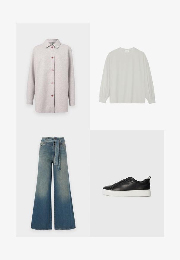 Helles graues Fleece-Shirt-Jackett mit einem Kragen, pinken Knöpfen entlang der Vorderseite und langen Ärmeln. Weiche Textur, lässige Passform.; Helles graues Langarm-T-Shirt aus weicher Baumwolle. Mit lockerer Passform, Rundhalsausschnitt und sanft gerafften Bündchen. Keine Muster oder Grafiken.; Weit geschnittene Denim-Hosen mit einem Farbverlauf von hellblau zu dunkelblau, hoher Taille, Gürtelschlaufen und einem passenden Stoffgürtel. Strukturierte Denim-Oberfläche.; Schwarze niedrige Leder-Sneaker mit schwarzen Schnürsenkeln und dicker weißer Gummisohle, von der Außenseite auf weißem Hintergrund betrachtet.