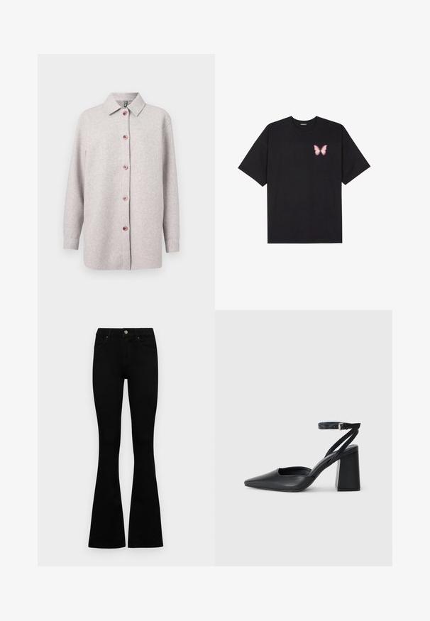 Világosszürke polár pulóverdzseki álló gallérral, rózsaszín gombokkal az elején, és hosszú ujjakkal. Puha tapintású, laza szabású.; Fekete pamut póló rövid ujjakkal, bal mellkason egy kis rózsaszín pillangó grafikával. Kerek nyakú kialakítás, laza fazonnal.; Fekete, magas derekú farmernadrág gomb- és cipzárzárral, elülső zsebekkel és harangszárral, laposan egy fehér háttérre terítve.; Fekete bőr, hegyes orrú magassarkú cipő boka pánttal és vastag sarokkal. Sima textúra, elegáns dizájn és minimális esztétika.
