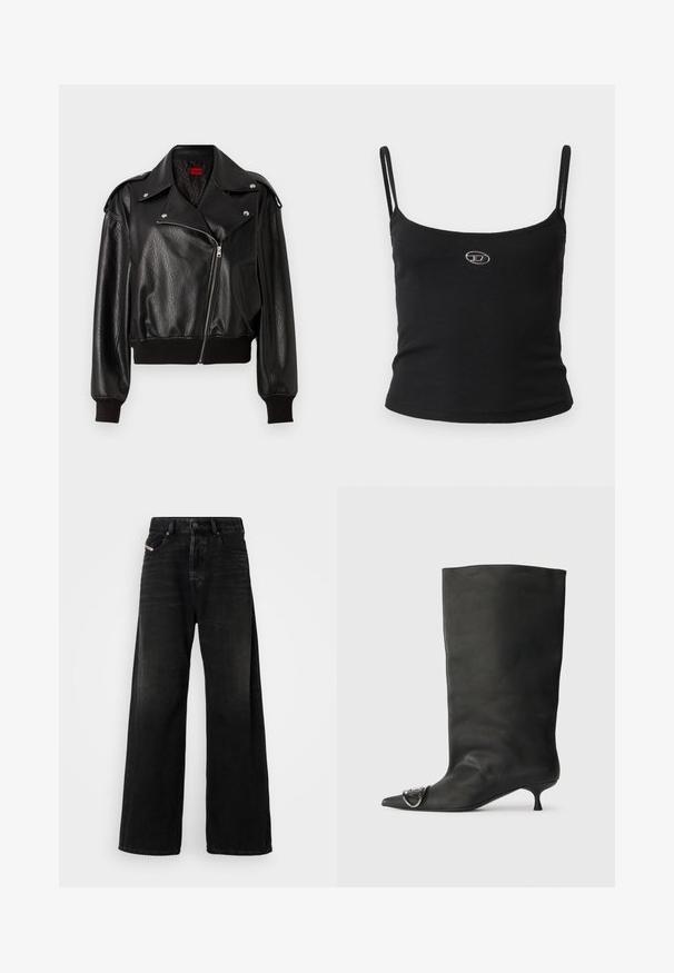 Fekete bőr, rövidített dzseki aszimmetrikus cipzáras záródással, széles hajtókákkal, bordázott mandzsettákkal és aljjal. Textúrázott felülettel és oldalsó zsebével rendelkezik.; Fekete bordázott trikó felső vékony pántokkal és egy kis fémes logóval a közepén. Az anyag rugalmasnak és testhez simulónak tűnik.; Magas derekú, széles szárú fekete farmernadrág, gombos záródással, elülső zsebekkel és kopottas textúrával.; Fekete bőr bokacsizma hegyes orral, kis sarokkal és fémes díszítéssel az orrán. Az egész felületen sima, matt textúra.