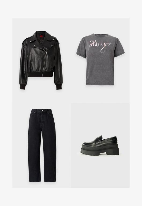 Juodas odinis trumpas švarkas su asimetrišku užtrauktuku, plačiais apykaklėmis ir gumbiniais rankovių bei hemu. Yra tekstūruotas paviršius ir šoninis kišenė.; Pilkas medvilnės marškinėliai su apskretimu ir trumpomis rankovėmis, pasižymintys rožine kursyvine "Hugo" logotipu per krutinę. Minkšta tekstūra ir kasdieniškas dizainas.; Aukštai užsegamos, tiesaus kirpimo juodos džinsinės kelnės su penkiomis kišenėmis, metalinėmis papuošalais ir toniniu siuvinėjimu. Lygus paviršius, minimalistiškas dizainas.; Juodos odinės loafers tipo bateliai su masyviu platformos padu. Suapvalintas pirštas, priekinė siuvimo detalė ir subtilūs siuvinėjimo akcentai. Lygus, tekstūruotas padas.