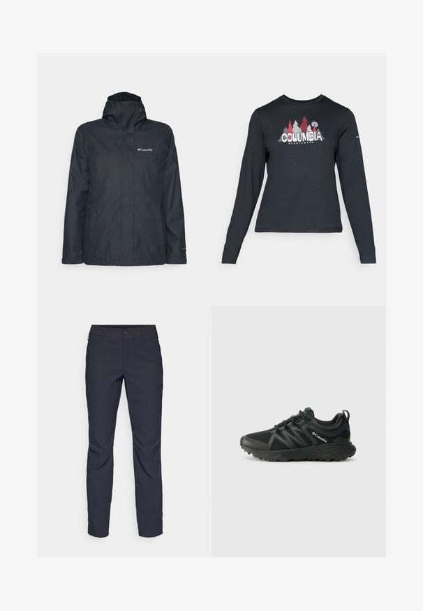 Svart vattentät jacka med zip fram, justerbar huva och två sidfickor. Har Columbia-logotyp på bröstet. Slät textur.; Långärmad mörkgrå tröja med grafik av röda träd och berg; "COLUMBIA"-logotyp i fet vit text. Mjukt tyg, standard rund hals.; Marina blå byxor i slät tyg, med framknäppning, slim-fit design och veckade detaljer vid knäna.; Columbia PEAKFREAK - Hikingskor - black