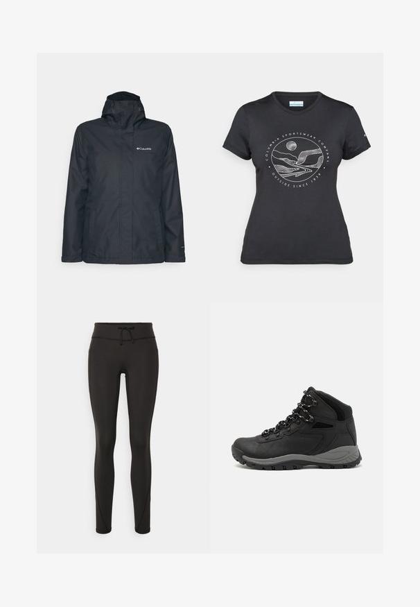 Schwarze wasserdichte Jacke mit Reißverschluss, verstellbarem Kapuze und zwei Seitentaschen. Mit Columbia-Logo auf der Brust. Glatte Textur.; Schwarzes Columbia-T-Shirt mit weißer kreisförmiger Berg- und Fluss-Linienkunst und dem Text "Columbia Sportswear Company - Draußen seit 1938."; Schwarze Leggings mit hohem Bund, Kordelzug, glatter Textur und tailliertem Design. Verfügt über Nähte entlang der Seiten.; Schwarzer Wanderstiefel mit einem mittelhohen Design, ausgestattet mit einer strukturierten Oberfläche, grauen Akzenten und einer robusten Gummisohle mit Profilstollen.