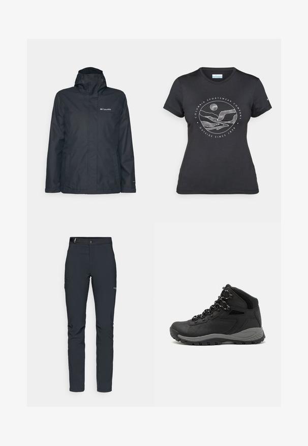 Svart vanntett jakke med glidelås foran, justerbar hette og to sidelommer. Har Columbia-logoen på brystet. Glatt tekstur.; Svart Columbia t-skjorte med hvit sirkulær fjell- og elvlinjekunst og tekst "Columbia Sportswear Company Outside Since 1938."; Herre utendørsbukser, mørkegrå, laget av fleksibelt materiale, med belte, glidelåslommer og forsterkede sømmer.; Sorte turstøvler med mid-topp design, som har en teksturert overdel, grå detaljer og slitesterk gummisåle med godt grep.
