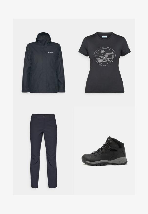 Black waterproof jacket with a zip front, adjustable hood, and two side pockets. Features Columbia logo on the chest. Smooth texture.; Black Columbia t-shirt with white circular mountain and river line art and text "Columbia Sportswear Company Outside Since 1938."; Navy blue pants made of smooth fabric, featuring a front button closure, slim-fit design, and creased detailing at the knees.; Black hiking boot with a mid-top design, featuring a textured upper, gray accents, and durable rubber sole with traction lugs.