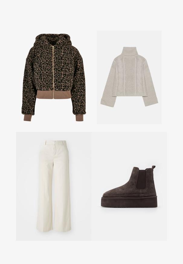 Bolyhos, rövidre vágott kapucnis pulóver fekete és barna leopárdmintázattal, elöl cipzárral és bordás szegéllyel, valamint mandzsettákkal.; Rövidített, világosszürke kötött pulóver magas gallérral és bordázott mandzsettákkal, hátul és az oldalakon texturált sodrott mintákkal.; Világos bézs színű, széles lábú nadrág, sima anyagból készült. Klasszikus derékrésszel és lapos elülső résszel, letisztult vonalakkal rendelkezik.; Barna nubuk Chelsea csizma elasztikus oldalsó panelekkel és vastag, textúrázott talppal. A saroknál található húzófül megkönnyíti a felhúzást.