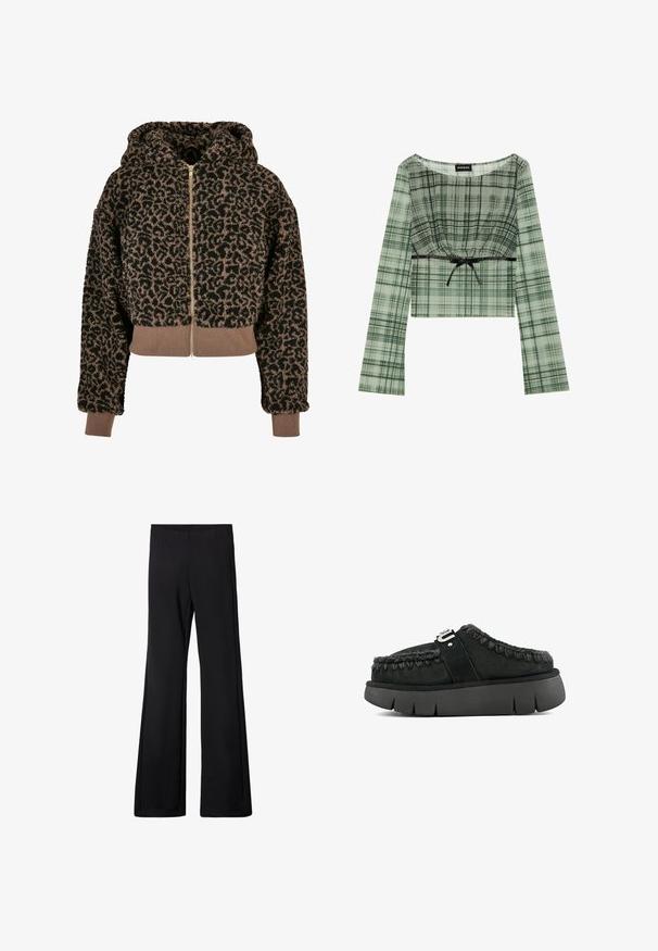 Sudadera corta de felpa con un diseño de estampado de leopardo negro y marrón, que presenta un cierre frontal con cremallera y dobladillos y puños acanalados.; Top corto a cuadros verdes con mangas largas, que presenta un escote fruncido y un lazo negro a la altura de la cintura. Fabricado con una tela ligera.; Pantalones negros de campana con cinturilla elástica, confeccionados en una tela suave y elástica, con una textura lisa y sin patrones visibles ni detalles metálicos.; Zapato negro de ante tipo slip-on con borde de piel de pelo, costuras trenzadas y suela gruesa negra. Presenta una correa de marca en la parte superior.