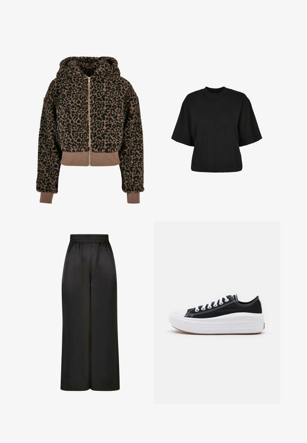Fluffy cropped hoodie met een zwart en bruin luipaardprintontwerp, voorzien van een ritssluiting aan de voorkant en geribde zoom en manchetten.; Zwart cropped t-shirt van katoen. Heeft korte mouwen en een ronde halslijn. Glad materiaal met een eenvoudig ontwerp, geen extra patronen.; Zwarte wijde broek gemaakt van soepel, glanzend materiaal met een elastische tailleband en zonder zichtbare zakken of hardware-details.; Zwarte canvas sneakers met witte veters, een witte rubberen teenkap en een chunky witte tussenzool. Bevat subtiele witte stiksels en een gumzool.