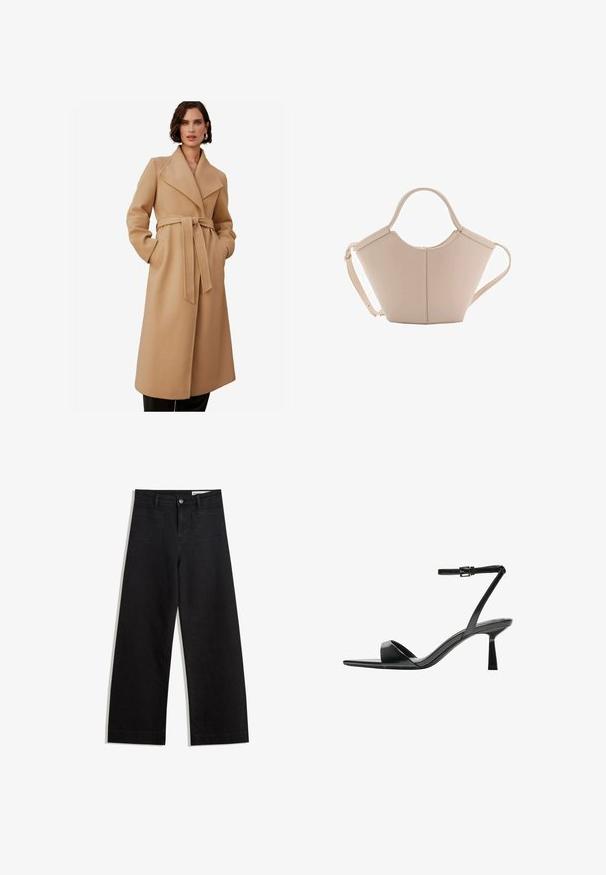 Beżowy płaszcz z mieszanki wełny, z szerokimi klapami, paskiem w talii i bocznymi kieszeniami. Długie rękawy i prosty krój, odpowiedni zarówno na codzienne, jak i eleganckie okazje.; Biała, prążkowana koszulka z krótkim rękawem i okrągłym dekoltem. Miękka tekstura, prosty krój i prosty dół. Widoczna metka marki wewnątrz.; Czarne dżinsowe spodnie o szerokich nogawkach i wysokim stanie, z przednimi i tylnymi kieszeniami, przeszyciami oraz zapięciem na guziki. Gładka struktura.; Bershka - Sandały na obcasie; Beżowa skórzana torebka o unikalnym kształcie, z dwoma krótkimi uchwytami i długim, regulowanym paskiem. Gładka tekstura z minimalną ilością elementów metalowych.