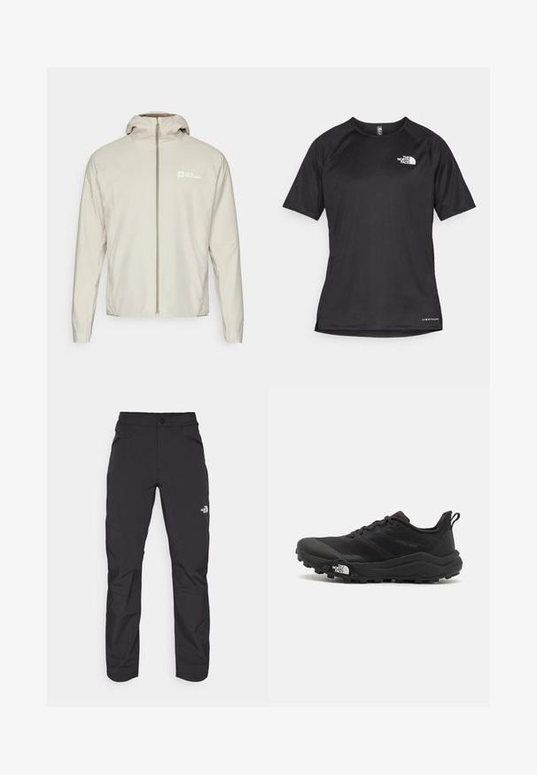 Light beige, lightweight jacket with a full front zipper, detachable hood, and logo on the left side. Smooth texture and regular fit.; Black short-sleeve athletic shirt with a textured fabric, featuring a white logo on the left chest and a straight hem.; Black outdoor pants with a zippered front pocket, synthetic material, tapered legs, and reinforced knee panels. Features a button closure.; Black trail running shoe with a textured upper, rubber sole, and reinforced toe cap. Features a padded collar and pull tab for easy wear.