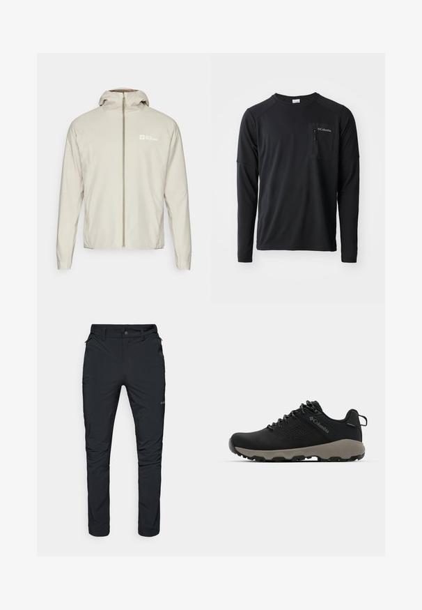 Gaiši beigs, viegla jakas ar pilnu priekšu ar rāvējslēdzēju, noņemamu kapuci un logotipu kreisajā pusē. Gluda tekstūra un regulāra piegriezuma.; Columbia COLUMBIA TECH™ LONG SLEEVE CREW - Tops ar garām piedurknēm - black; Melnas ārējās bikses ar taisnu piegriezumu, aprīkotas ar rāvējslēdzēja kabatām, jostas cilpām un vieglu, izturīgu auduma tekstūru.; Melnas pārgājienu kurpes ar gludu virsu, perforētu dizainu, pelēku zoli un nostiprinātu papēdi. Iekļauj auklas un cilpu vieglai uzvilkšanai.