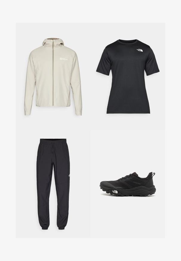 Casaco leve, bege claro, com fecho de correr frontal completo, capuz destacável e logótipo do lado esquerdo. Textura suave e ajuste regular.; Camiseta preta de manga curta feita de um tecido leve e que absorve a umidade. Apresenta um logo branco no lado esquerdo do peito e um decote redondo.; Calças atléticas pretas feitas de tecido leve, com um cós ajustável por cordão, bolsos laterais e punhos afunilados nos tornozelos.; Sapatilha de trail running preta com um upper texturizado, sola de borracha e biqueira reforçada. Possui um colarinho acolchoado e uma alça para facilitar o calçar.