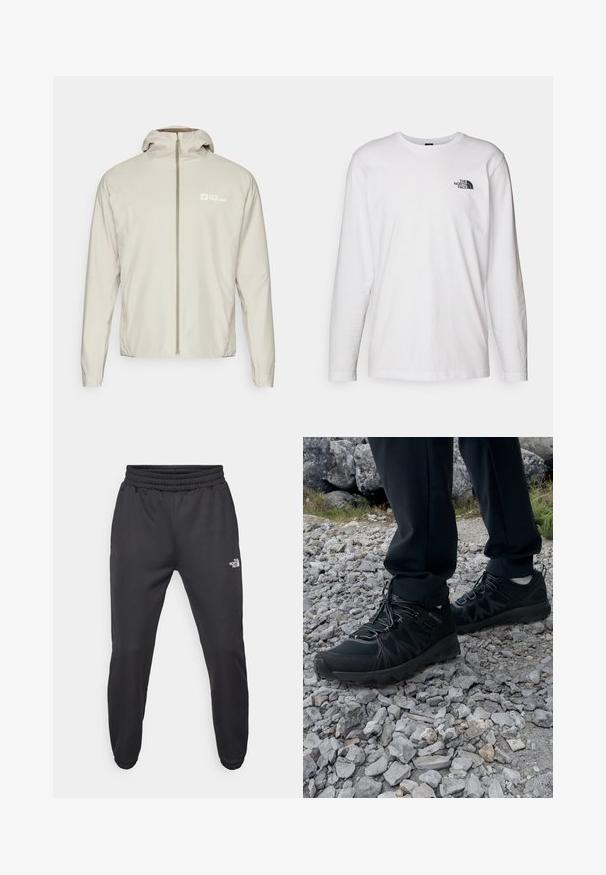 Light beige, lightweight jacket with a full front zipper, detachable hood, and logo on the left side. Smooth texture and regular fit.; White long-sleeve T-shirt made of cotton with a crew neck. Features a small black logo on the chest. Smooth texture, regular fit.; Black sweatpants with a drawstring waist, tapered fit, elastic cuffs, and a small white logo on the left thigh, made from smooth fabric.; Black outdoor shoes with mesh and synthetic material, featuring a textured upper, secured lacing system, and a rugged outsole, on rocky terrain.