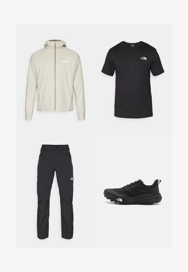 Casaco leve, bege claro, com fecho de correr frontal completo, capuz destacável e logótipo do lado esquerdo. Textura suave e ajuste regular.; T-shirt preto de manga curta feito de algodão, com um decote redondo e um pequeno logótipo branco na parte superior esquerda do peito.; Calças de exterior pretas com um bolso frontal com fecho éclair, material sintético, pernas ajustadas e painéis de joelho reforçados. Apresenta um fecho de botão.; Sapatilha de trail running preta com um upper texturizado, sola de borracha e biqueira reforçada. Possui um colarinho acolchoado e uma alça para facilitar o calçar.