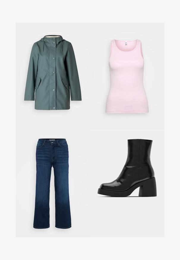 Zielony wodoodporny płaszcz z kapturem, zatrzaskami i bocznymi kieszeniami. Gładka faktura i luźny krój, zaprojektowany z myślą o funkcjonalności i komforcie.; Różowy bawełniany top bez rękawów o prążkowanej fakturze i klasycznym okrągłym dekolcie. Dopasowany krój, bez wyraźnych detali.; ONLY Petite ONLMADISON WIDE ciemnoniebieski; Czarne botki za kostkę o błyszczącej wykończeniu, kwadratowym czubku i grubym słupkowym obcasie. Projekt charakteryzuje się bezszwową sylwetką i minimalną marką.