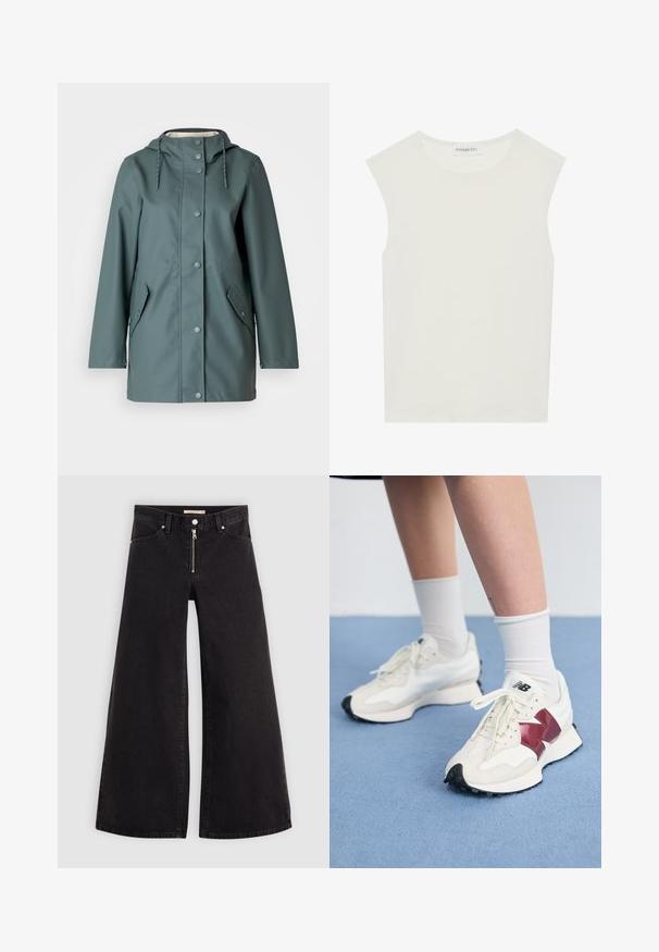 Casaco impermeável verde com capuz, botões de pressão e bolsos laterais. Textura suave e corte descontraído, projetado para funcionalidade e conforto.; Top branco sem mangas com decote redondo. Feito de um tecido liso, apresenta um corte descontraído e um design minimalista. Sem padrões ou detalhes.; Calças de ganga de perna larga em denim preto com fecho éclair à frente, design de cinco bolsos e detalhes de costura subtil. Textura suave e estilo casual.; Par de tênis brancos com detalhes em bordô, painéis texturizados, sola preta lisa e atacadores claros, usados com meias brancas até ao tornozelo.