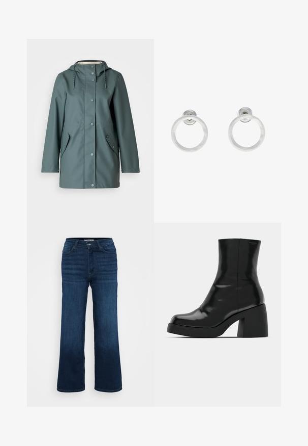 Grön vattentät jacka med huva, tryckknappar och sidofickor. Slät textur och avslappnad passform, designad för funktionalitet och komfort.; Even&Odd Petite 2 PACK - Linne - light grey/black; ONLY Petite ONLMADISON BLUSH WIDE - Wide leg - dark blue denim; Svarta ankelstövlar med en blank finish, fyrkantig tå och en tjock blockklack. Designen har en sömlös silhuett och minimal märkning.; Silvriga metallringörhängen med borstad yta, som har en cirkulär design och en genomskinlig stiftbaksida för säker användning.