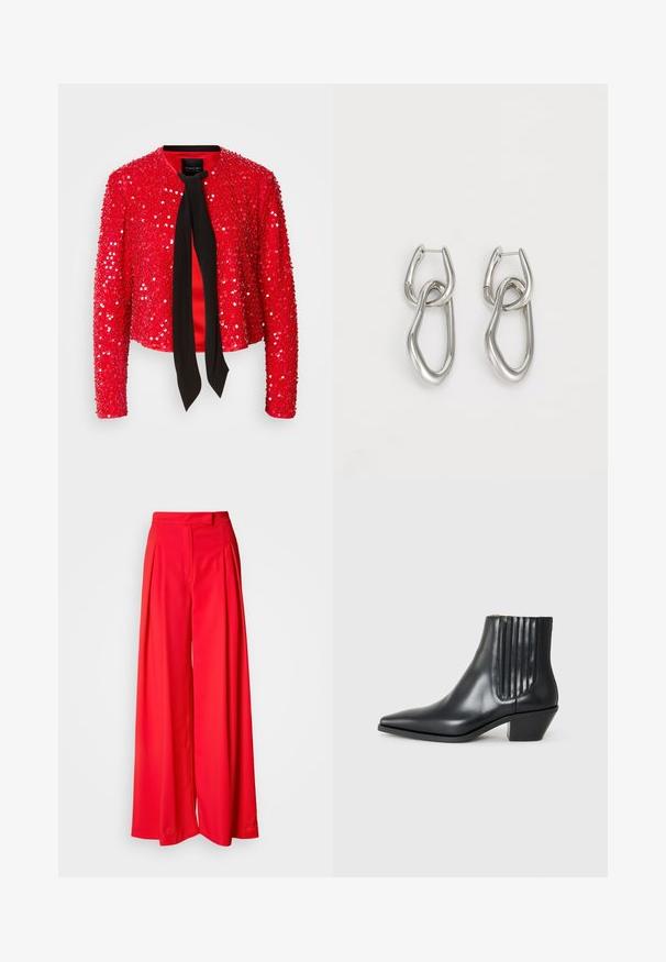 Czerwona kurtka z cekinami z czarnym materiałowym krawatem przy dekolcie. Posiada długie rękawy, okrągły kołnierz oraz błyszczącą, teksturowaną powierzchnię.; Biała, bezrękawnikowa koszulka wykonana z gładkiego materiału, z okrągłym dekoltem i dopasowanym krojem. Brak widocznych wzorów lub akcentów.; Czerwone szerokie spodnie wykonane z gładkiego materiału, z przednimi fałdami, płaskim pasem i dopasowanym krojem. Projekt podkreśla płynną sylwetkę.; Czarne skórzane botki za kostkę z wysmuklonym noskiem, elastycznymi bocznymi panelami z pionowymi rowkami oraz niskim blokowym obcasem. Gładka tekstura i elegancki design.; Calvin Klein - Kolczyki