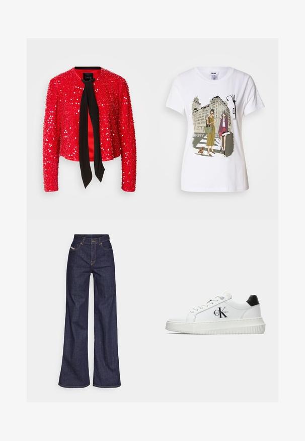 Crvena jakna s šljokicama s crnim tekstilnim remenom na izrezu. Ima duge rukave, okrugli ovratnik i sjajnu, teksturiranu površinu.; Bijela pamučna majica s printanom ilustracijom dviju žena u urbanom modnom stilu s psom na pješačkom prijelazu i gradskim zgradama.; Tamno plave široke traperice s visokim strukom, izrađene od denim tkanine, s narančastim šavovima, pet džepovima i kopčanjem na dugme.; Bijeli niskotoperani tenisice s crnom petom, platformom, vezicama i "CK" logotipom Calvin Kleina sa strane.