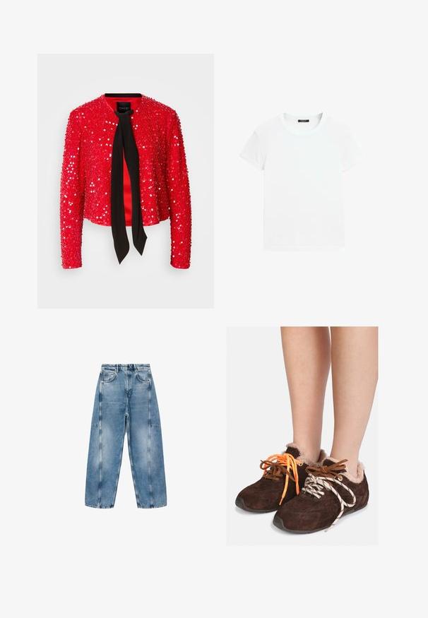 Rote Paillettenjacke mit einer schwarzen Stoffkrawatte am Kragen. Mit langen Ärmeln, runder Kragenform und einer glänzenden, strukturierten Oberfläche.; Weißes Kurzarm-T-Shirt aus weicher Baumwolle, mit Rundhalsausschnitt und entspannter Passform sowie gerollten Säumen. Keine Muster oder Verzierungen.; Hellblaue Denim-Jeans haben eine lockere Passform, große Taschen und kontrastierende Nähte. Der Stoff hat eine ausgeblichene Optik mit einer glatten Textur.; Braune Wildleder-Slipper mit Fellfutter, die barfuß getragen werden, mit unpassenden Schnüren: eine orange und eine weiße mit schwarzen Streifen.