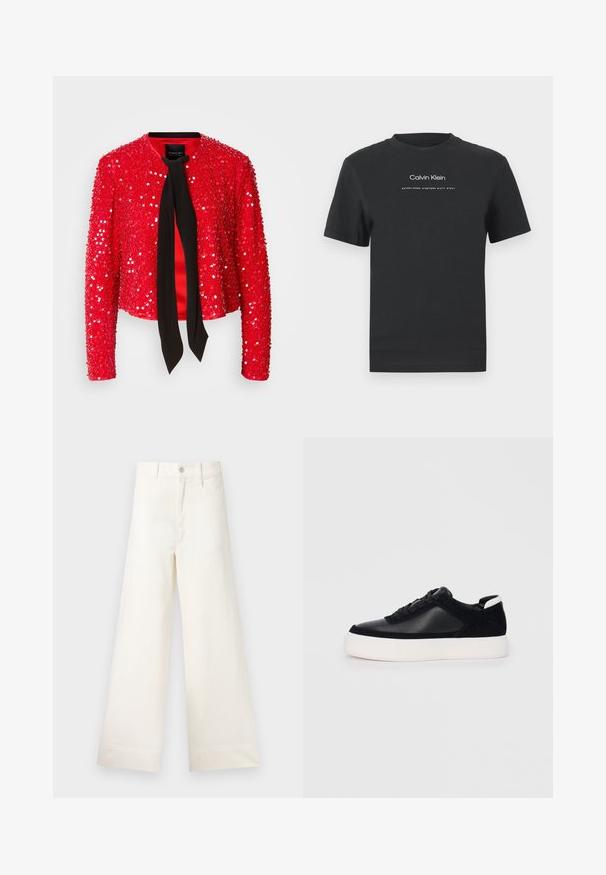 Punainen paljettitakki, jossa on musta kangassiteet kaulan ympärillä. Takissa on pitkät hihat, pyöreä kaulus ja kiiltävä, teksturoitu pinta.; Musta puuvillainen T-paita, jossa on pyöreä pääntie, lyhyet hihat ja valkoinen painettu "Calvin Klein" -logo sekä "Established 1968" -teksti.; Suorat lahkeet vaaleasta beige puuvillasta. Korkea vyötärö, etutaskut ja suora leikkaus. Siisti helman viimeistely ilman kuvioita.; Musta lenkkari sileällä nahka- ja mokkanahkapaneelilla, litteät nauhat, pyöreä varvas sekä valkoinen kumipohja. Erottuva logo kantapäässä.