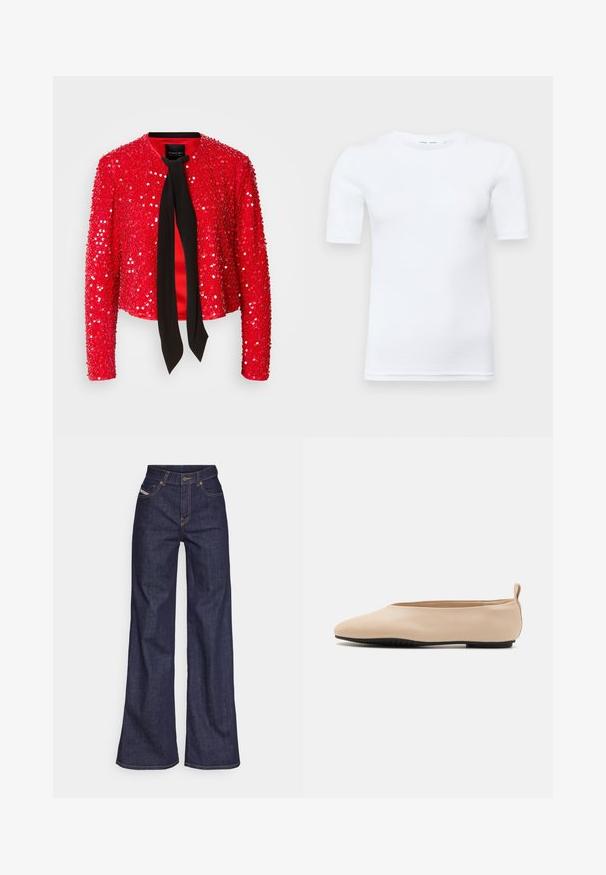 Sarkans sekvīrīgs žakets ar melnu auduma kakla saiti. Tam ir garas piedurknes, apaļa apkakle un spīdīga, teksturēta virsma.; Balts īsām piedurknēm T-krekls, kas izgatavots no kokvilnas. Tam ir apaļš kakla izgriezums un gluda tekstūra, ar minimāliem vīlēm, kas redzamas pie apakšmalas.; Tumši zili platleņķa džinsi no denima auduma ar augstu jostasvietu, ar oranžām šuvēm, piecu kabatu dizainu un pogu aizdari.; Bežīgas ādas baleta kurpes ar zemu profilu, apaļu purngalu un melnu gumijas zoli, ar mazu aizmugures cilpu ērtākai uzvilkšanai.