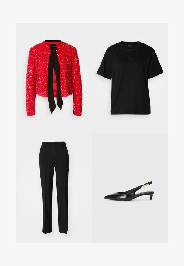 Red sequin jacket with a black fabric tie at the neckline. Features long sleeves, a round collar, and a shiny, textured surface.; Black cotton t-shirt with a crew neckline, short sleeves, and an embroidered logo on the chest. Simple, relaxed fit with no patterns.; Black tailored trousers with a straight-leg design, featuring a smooth texture and crisp creases along the front. No visible hardware.; Black leather slingback heels with a pointed toe, featuring a slim heel and a gold-tone accent on the adjustable strap. Smooth texture.