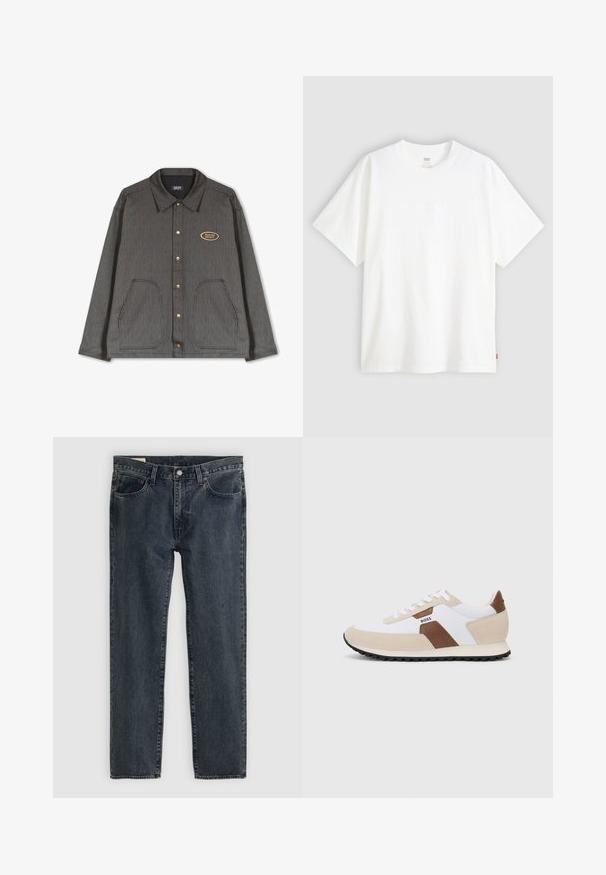 Kaotiko RELAXED - Light jacket - green/black; White short-sleeve t-shirt made of cotton with a crew neck. Features subtle embossed logo detail on the front and a red label at the hem.; Dark blue denim jeans with a straight leg design, five pockets, and a button-fly closure. The fabric shows a subtle fade and texture.; Sneakers featuring a mix of white mesh and beige suede, with a brown leather accent. Rounded toe, flat rubber sole, and lace-up design.