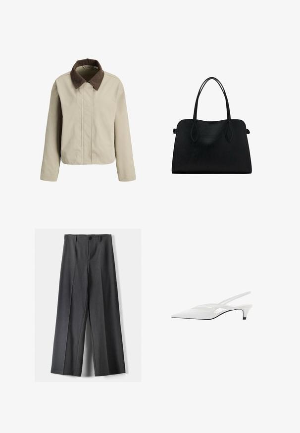 Bežová bunda s hnedým kordovým golierom, so zipsom vpredu a dlhými rukávmi. Hladká textura s uvoľneným strihom a minimálnym detailom.; Čierny rolákový sveter z pleteného materiálu, s dlhými rukávmi, priliehavým golierom a mierne skráteným lemom. Hladká textúra, jednofarebný.; Široké nohavice z tmavosivej látky, ktoré majú gombíkový uzáver, predné skladanie a pútka na opasok. Hladká textúra s elegnatným strihom.; Biele slingback podpätky s špicatou špičkou, s hladkým zvrškom, jemnými výrezmi a nízkym blokovým podpätkom. Čierna podrážka zvýrazňuje dizajn.; Čierna kožená kabelka s dvojitými popruhmi na rameno, obdĺžnikový tvar a minimalistický dizajn na bielom pozadí.