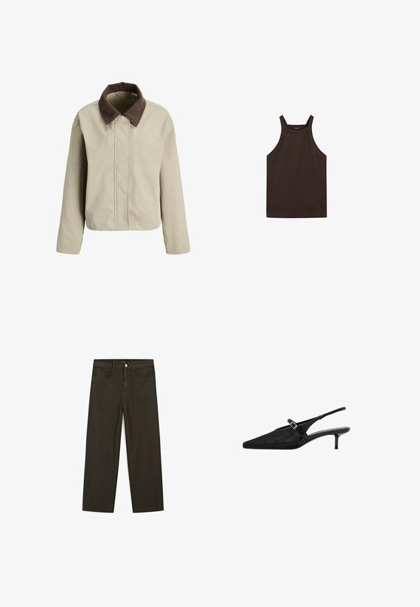 Béžová bunda s hnědým manžestrovým límcem, se zipovým zapínáním a dlouhými rukávy. Hladká textura s uvolněným střihem a minimálními detaily.; Massimo Dutti HALTER NECK - Top - dark brown; Tmavě zelené široké džínsy vyrobené z bavlněné směsi, s předním zapínáním na knoflík, pěti kapsami a klasickým denimovým stehem.; Černé slingback podpatky s špičatou špičkou, texturovaný síťovaný svršek, úzký nastavitelný pásek se stříbrnou sponou a 5 cm jehlové podpatky.