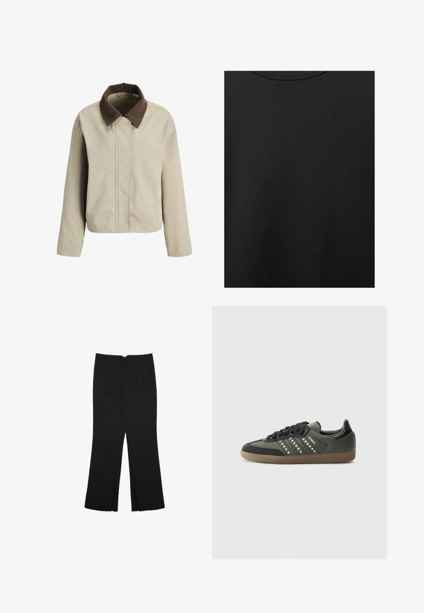 Beige jakke med en brun fløjlskrave, lynlås foran og lange ærmer. Glat tekstur med en afslappet pasform og minimal detaljering.; Sort bomuldsstof med glat struktur og rund halsudskæring, prydet med et subtilt, jævnt kornmønster. Ingen synlige logoer eller accenter.; Sorte bukser med lige pasform, der har frontlommer og slidser i kanten. Lavet af blødt, glat stof. Velegnet til forskellige anledninger.; adidas Originals SAMBA OG - Sneakers - core black/legend earth/gum