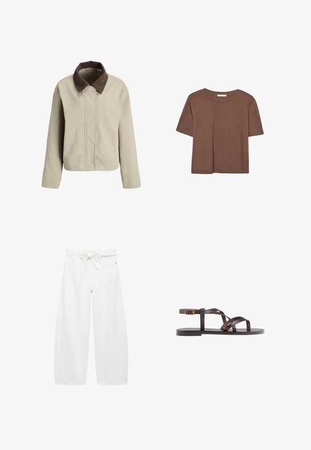 Giacca beige con colletto in corduroy marrone, con zip frontale e maniche lunghe. Tessuto liscio con una vestibilità rilassata e dettagli minimi.; Maglietta a maniche corte marrone realizzata in tessuto morbido, con scollatura rotonda e vestibilità rilassata. Nessun motivo o dettaglio visibile.; Pantaloni bianchi a gamba larga realizzati in tessuto leggero, con vita regolabile con cordino, due tasche frontali e semplici dettagli in metallo.; Sandal in pelle marrone con cinturini incrociati, chiusura con cinturino alla caviglia e suola piatta con dettagli di cucitura minimi.