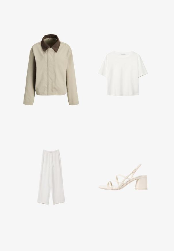 Bež jakna s smeškim kadrom, s patentnim zatvaračem sprijeda i dugim rukavima. Glatka tekstura s opuštenim krojem i minimalnim detaljima.; Bijela majica kratkih rukava od pamuka. Ima okrugli izrez i opušteni kroj. Glatka tekstura bez vidljivih uzoraka ili naglasaka.; Bijele hlače širokih nogavica napravljene od lagane tkanine. Imaju elastičan pojas s ušicom i bočne džepove. Glatka tekstura.; Bež sandale na visoku petu sa trakama, zaobljenim otvorenim prstom i srednjom blok petom. Imaju prilagodljivu traku oko gležnja i glatku, sjajnu površinu.