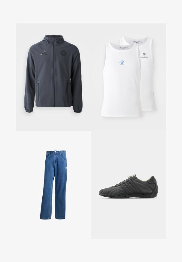 Dark gray zip-up jacket with a hood, designed with lightweight fabric, elastic cuffs, and side pockets. Features Adidas and Bayern Munich logos.; Two white tank tops, ribbed texture, featuring blue and green embroidered logos. One has a sun design, the other a palm tree.; Blue high-waist wide-leg denim jeans with front pockets, belt loops, button closure, and small Adidas logo on the right thigh.; adidas Originals ADIRACER UNISEX - Trainers - core black/cream white