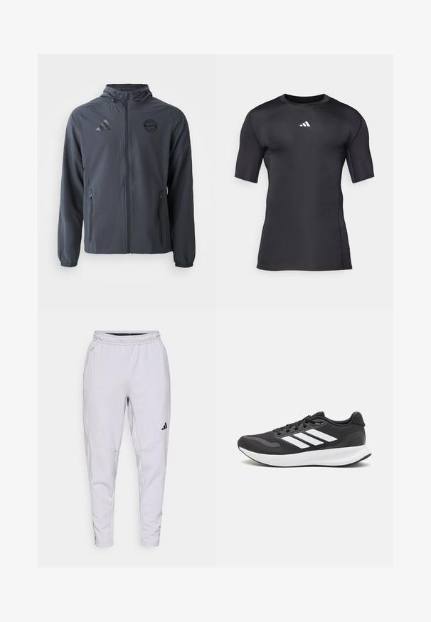 Temno siva jakna na zadrgo s kapuco, zasnovana iz lahkega materiala, z elastičnimi manšetami in stranskimi žepi. Vsebuje logotipe Adidas in Bayerna.; Črna športna majica s kratkimi rokavi, izdelana iz gladkega, raztegljivega materiala. Ima bel logotip na prsih in ravne šive za udobje.; Svetlo sivi športni hlače z elastičnim pasom, zožano zasnovo, stranskimi žepi in črnimi logotipnimi poudarki. Narejene iz mehkega, raztegljivega materiala.; Črne športne čevlje z zračnim mrežastim zgornjim delom, belimi akcenti in oblazinjeno podplatom. Imajo tri črte logo na strani.