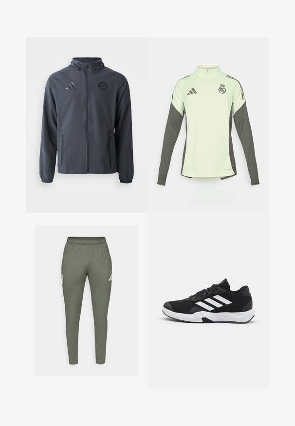 Tummanharmaa vetoketjullinen takki huppulla, joka on valmistettu kevyestä kankaasta. Siinä on joustavat hihansuut ja sivutaskut. Takissa on Adidas- ja Bayern München -logot.; Vaaleanvihreä pitkähihainen paita tummanharmailla yksityiskohdilla, puolivetoketjukaula-aukko ja Real Madridin logo. Valmistettu hengittävästä kankaasta.; Olivi vihreät urheiluhousut joissa on slim fit, joustava vyötärö ja sivutaskut. Ominaisuuksiin kuuluu logo vasemmassa reidessä ja kontrastiväriset yksityiskohdat.; Mustat urheilukengät, joissa on teksturoitu verkkomateriaali yläosassa, valkoiset korostusraidat, pehmustettu pohja ja vahvistettu kanta tuen vuoksi.
