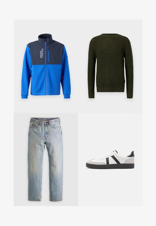 Jachetă albastră cu un panou superior de culoare albastră închisă, având un buzunar cu fermoar și textul "RACING RED BULL". Are accente roșii pe fermoare și manșete.; Pulover tricotat de culoare verde măsliniu, cu guler rotund, mâneci lungi și manșete cu dungi. Are un model texturat și o croială lejeră.; Jeans din denim de culoare albastru deschis, cu talie înaltă, nasture frontal, fermoar și design cu cinci buzunare, așezate platesc pe un fundal neutru.; Sneaker alb cu accente negre și gri, având un capac de vârf gri texturat, talpă din cauciuc negru și șireturi plate albe. Design elegant, stil minimalist.