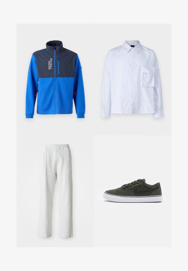 Blue jacket with a dark blue upper panel, featuring a zip pocket and "RACING RED BULL" text. Has red accents on zippers and cuffs.; Light blue and white striped button-up shirt made of cotton. Features a chest pocket and a classic collar. Long sleeves with buttoned cuffs.; White casual pants with an elastic waistband and large front patch pockets, displayed on a plain light background.; Green suede sneaker with black accents and white rubber sole; features laces, padded collar, and a side logo. Smooth texture, low-top design.